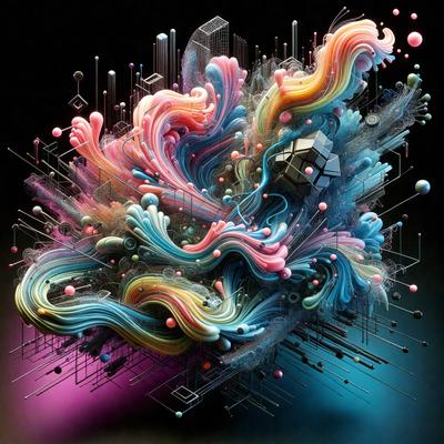 The primary subject of the image is a colorful, abstract artwork featuring a mix of pink, blue, and purple colors. The setting is a black background, which contrasts with the vibrant colors of the artwork. The visual style is a combination of digital art and illustration, creating a unique and eye-catching piece. The overall atmosphere is lively and energetic, with the artwork's swirling patterns and vivid colors evoking a sense of movement and creativity.
